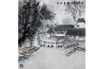 中式挂画 王建军新品手绘真迹山水画《乡情》