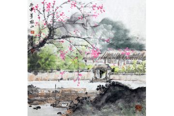 精美小品画 王建军真迹斗方山水画作品《春暖花开》