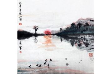 王建军新品力作斗方小品山水画《春江水暖鸭先知》