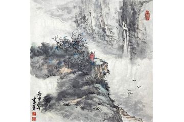 王建军新品斗方家庭装饰挂画作品《观瀑图》