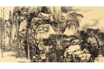 中美协会员张镛山水画作品《闲花满岩谷 瀑水映杉松》