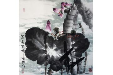 荷花图 张顺祥新品斗方花鸟画《紫气乾坤》