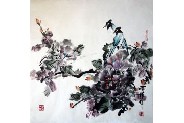 卧室挂画 张顺祥斗方国画牡丹图《富贵成双》
