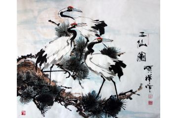 松鹤图 张顺祥斗方写意花鸟画《三仙图》