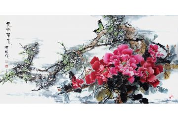 国画牡丹图 张顺祥四尺横幅牡丹图《贵满华夏》
