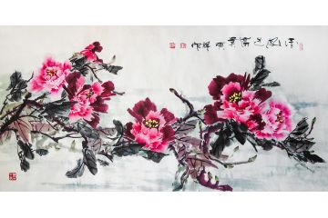 客厅挂画 张顺祥四尺横幅牡丹图《清风送富贵》