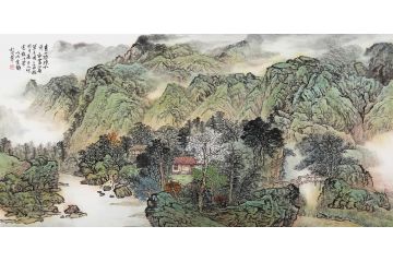 沙发背景墙挂画 余静青绿国画《青山隐隐水迢迢》