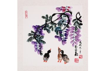 白石孙媳朴喆老师斗方花鸟画《紫藤》
