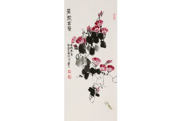 朴喆老师最新三尺竖幅花鸟画《花开富贵》