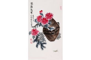 书画家朴喆最新国画花鸟画作品《菊酒延年》