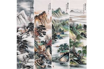 张利最新精品之作仿古山水四条屏《春夏秋冬》