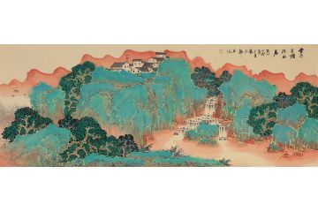 易水最新创作青绿山水画新品《云横翠岭隐幽居》