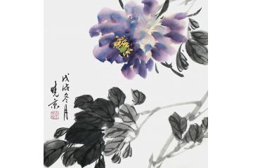 郑晓京斗方写意精品花鸟画《紫牡丹》