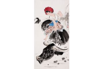 王文强四尺竖幅写意人物画《穷款》