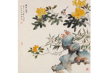 许芬老师斗方花鸟画《五月枇杷》
