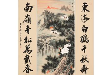 中堂字画 王宁对联山水画新品《松鹤延年》