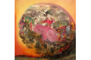 典藏国画 扬笛大尺寸斗方人物画《丝路明珠》