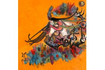 新疆美术家协会会员扬笛斗方画《怒放丝路15》