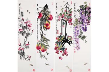 精品推荐 朴喆老师最新写意花鸟画佳作《果蔬四条屏》