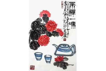 萧立石小尺寸水墨花鸟画《茶禅一味》