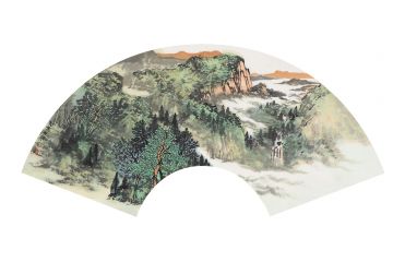 王宁山水画扇面系列作品九《春晚绿野秀》
