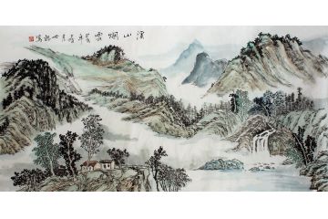 王世银四尺横幅写意山水画《溪山烟云》