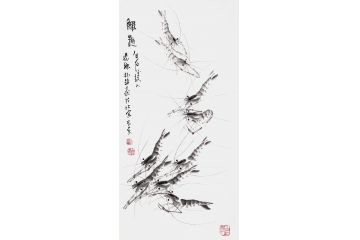 国画大师齐白石后人朴喆三尺竖幅《虾趣图》
