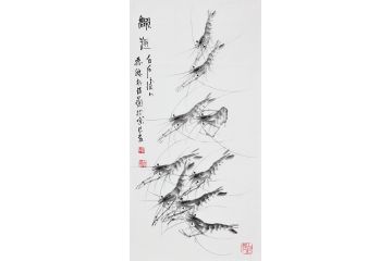齐白石孙媳朴喆三尺竖幅佳作《虾趣》