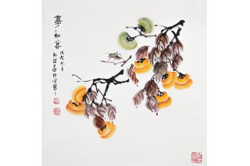 画家朴喆最新斗方写意柿子图《事事如意》