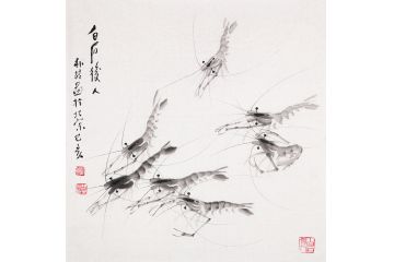 齐白石孙媳画家朴喆斗方虾趣图《穷款》