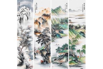 四条屏精品 张利创作仿古山水四条屏《春夏秋冬》