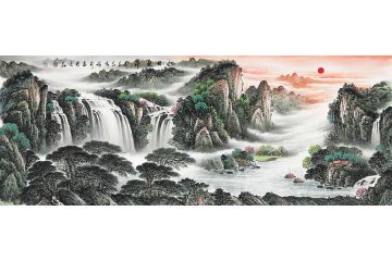 流水生财聚宝盆 张利新品力作国画《旭日东升》