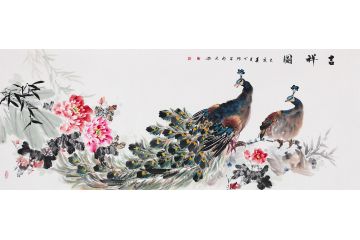 丁珂六尺横幅写意孔雀牡丹图《吉祥图》