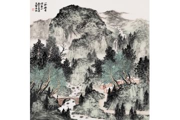 王宁新品力作斗方山水画作品《一抹绿色写家山》