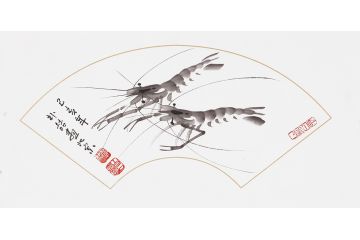 朴喆老师扇面对虾作品《虾趣》