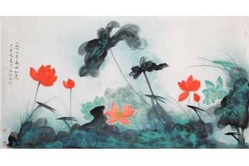 画荷名家林清泉手绘花鸟画《一念心清泉水如莲》