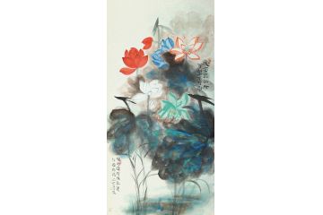 和和美美荷花图 林清泉四尺竖幅花鸟画《骤雨打新荷》