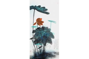 室内挂画 林清泉四尺竖幅荷花图《池面风来波潋潋，波间露下叶田田》