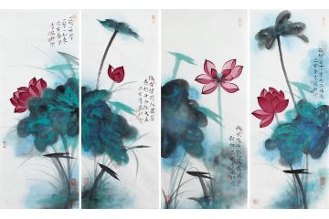 中堂挂画 林清泉荷花四条屏《秋风吹冷艳，晨露湿新妆》
