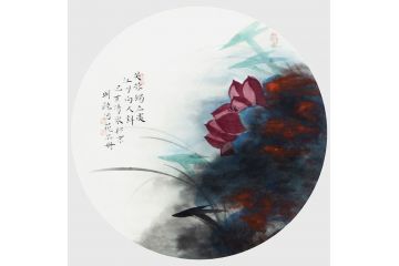 禅意装饰画 林清泉斗方荷花图《芙蓉独立处，江月向人斜》