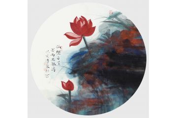 诗意装饰画 林清泉重彩荷花图《孤灯自了了，墨雨正淋漓》