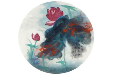 泼墨重彩荷花图 林清泉斗方花鸟画《乱碧风初卷，新红露半含》