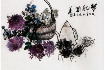 画家周志红写意国画作品《蟹肥酒美》