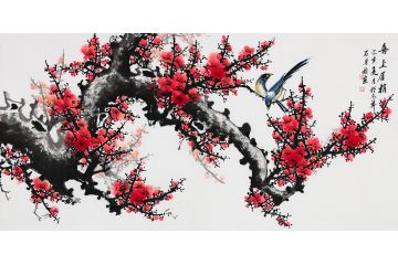 室内吉祥挂画 石荣禄四尺横幅梅花图《喜上眉梢》