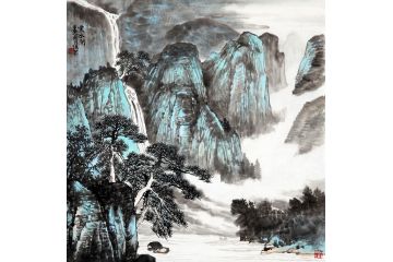 史清君新品创作小品斗方山水画《云水间》