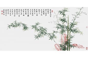 启功亲传弟子李传波四尺横幅绿竹画《咏新笋》