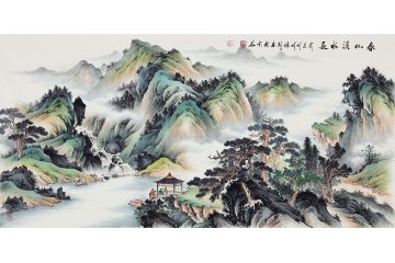 张利新品力作青绿仿古山水画精品《春山溪水长》