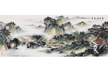精品手绘 张利精心之作仿古山水画《春色满乾坤》