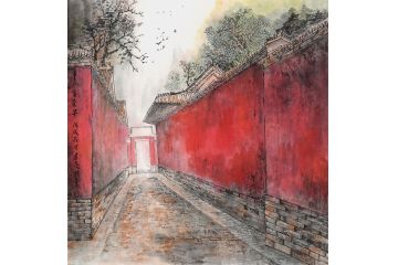 美协张建亮新品红墙系列小品画《金巷子》
