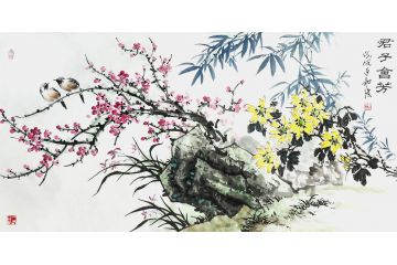 国画四君子 邱和法四尺横幅梅兰竹菊图《君子会芳》
